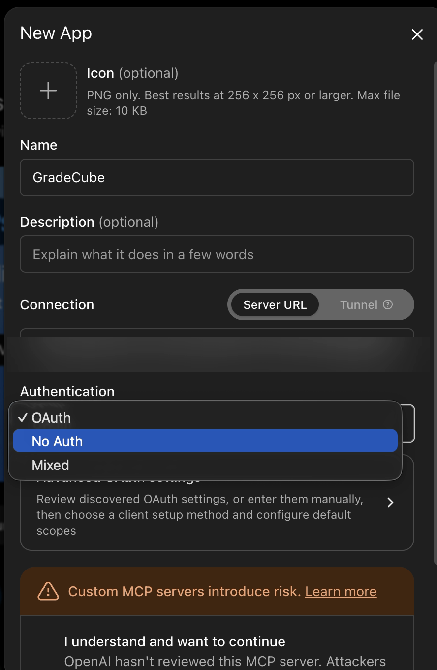 Create the app, with no authentication